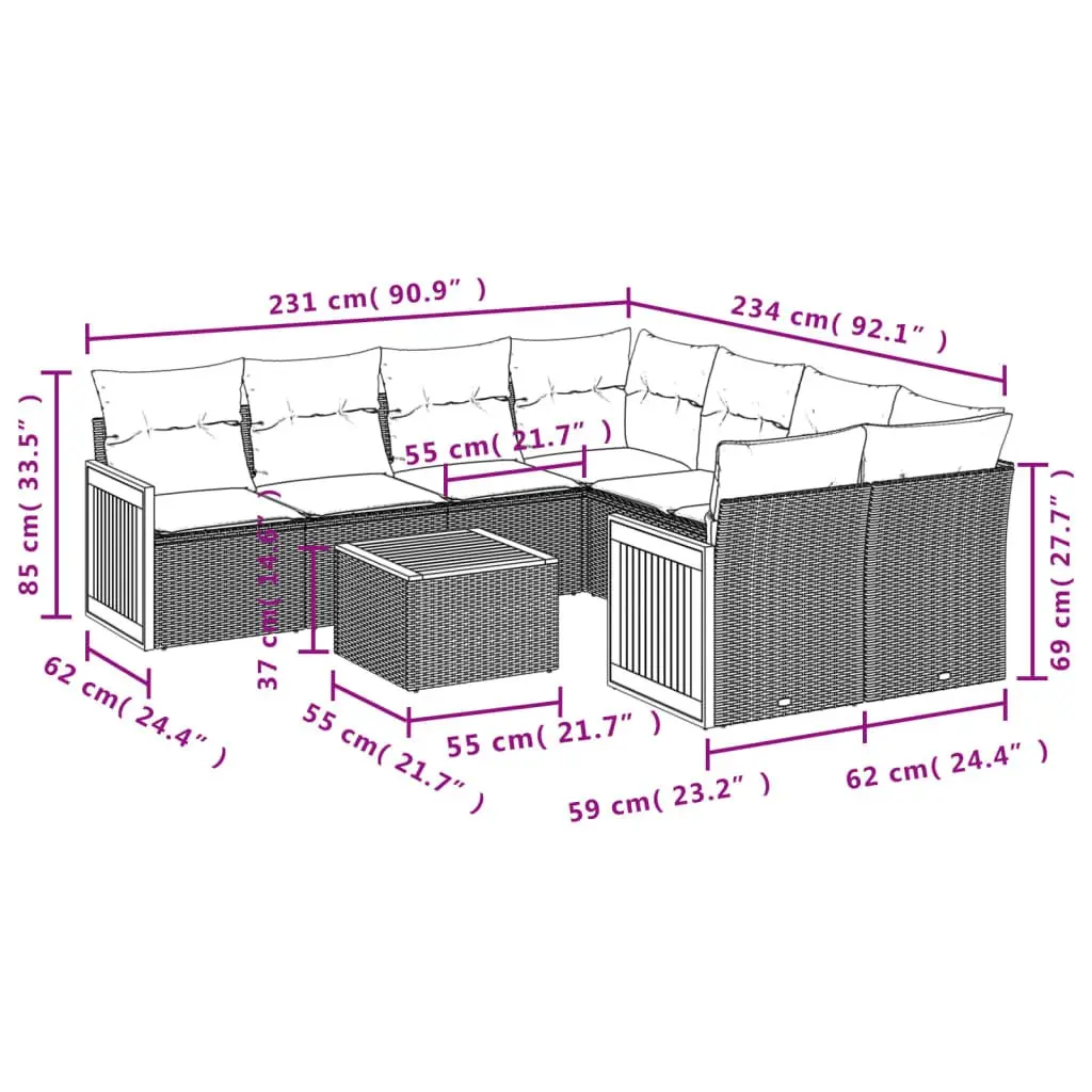 Outdoor Garden Sofa Set 9 Piece Patio Furniture with Cushions Beige Rattan