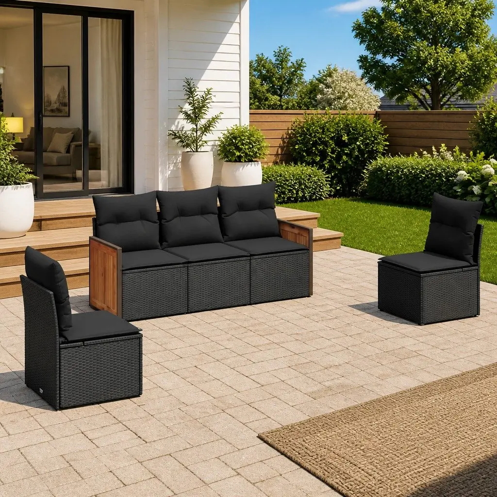 Garden Sofa Set PE Rattan Modular 5 Piece Outdoor Furniture Black with Cushions