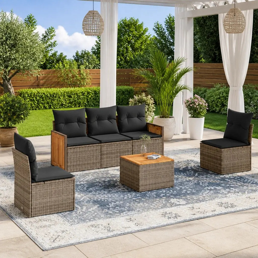6 Piece Garden Sofa Set PE Rattan Modular Grey with Cushions Outdoor Patio Furniture