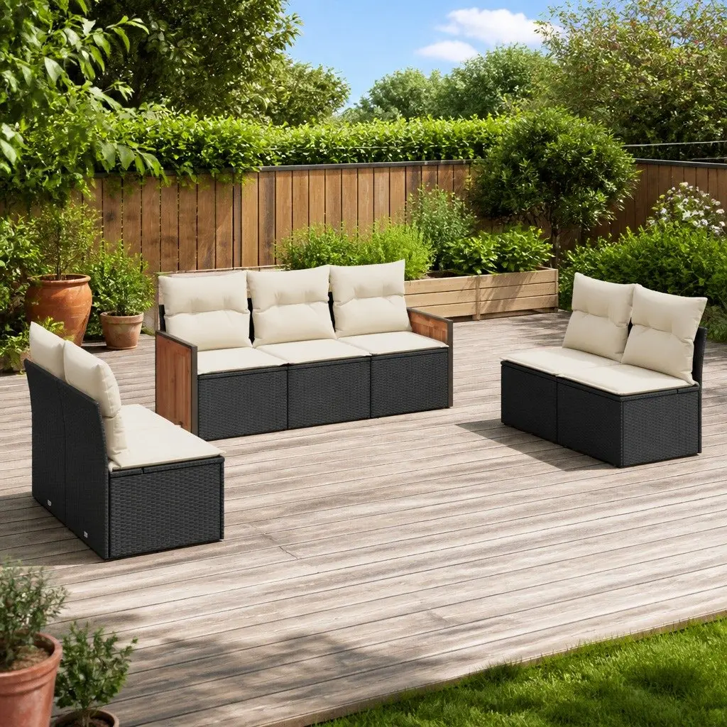 7 Piece Modular Garden Sofa Set Black PE Rattan Furniture with Thick Cushions
