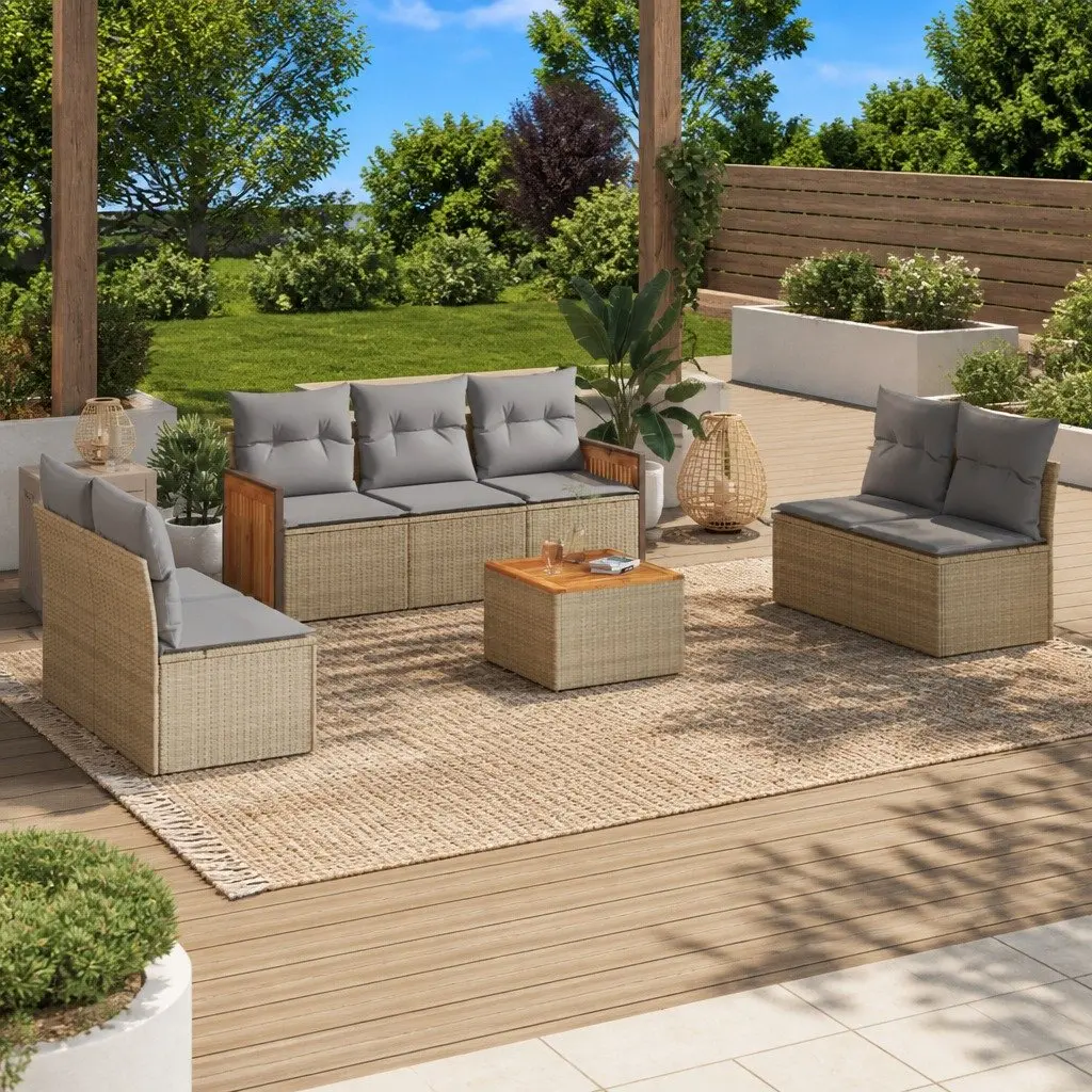 Garden Sofa Set 8 Piece Outdoor Furniture Beige Poly Rattan with Cushions Patio