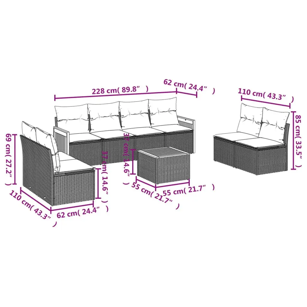 9 Piece Outdoor Garden Sofa Set PE Rattan Beige with Cushions