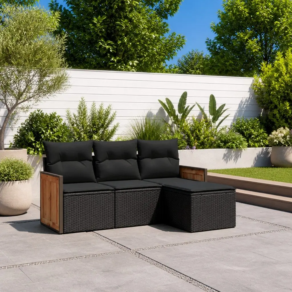 4 Piece Garden Sofa Set Outdoor Patio Furniture Black Poly Rattan Padded