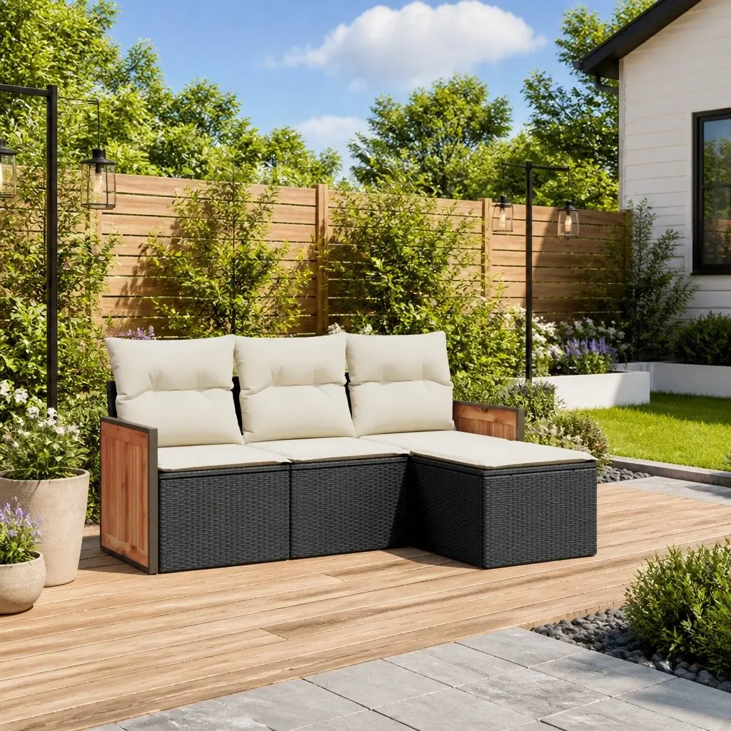 4 Piece Outdoor Patio Furniture Set Modular Black PE Rattan Sofa with Cushions