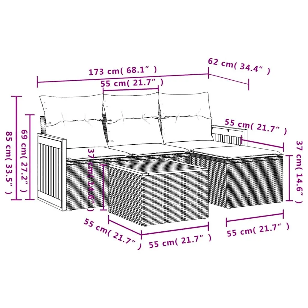 Garden Sofa Set Grey PE Rattan 5 Piece Modular Outdoor Furniture