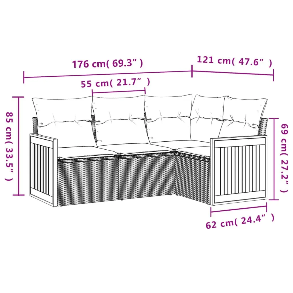 4 Piece Garden Sofa Set with Cushions Grey Poly Rattan Outdoor Furniture Patio