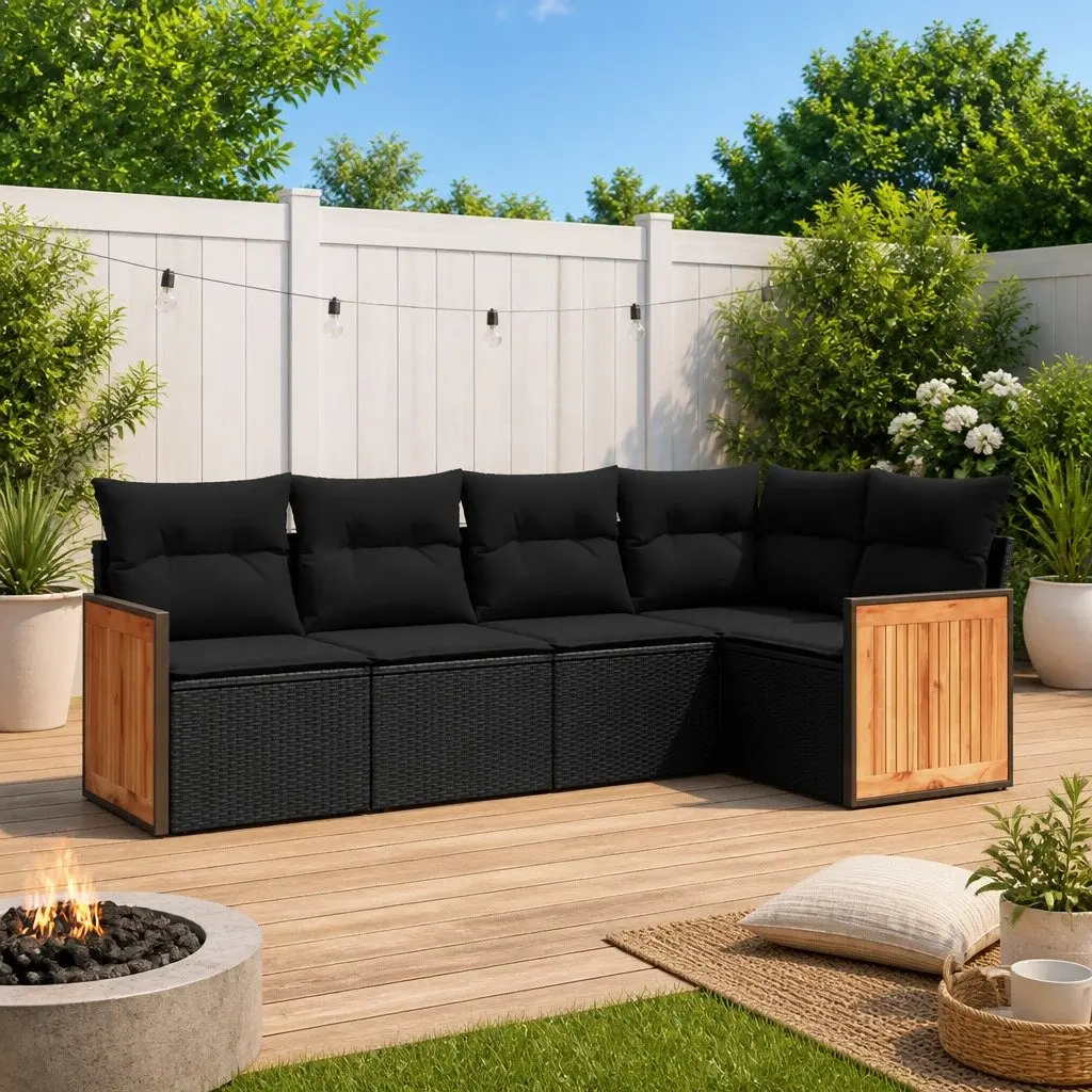 5 Piece Outdoor Furniture Modular Black Cushioned Sofa Set PE Rattan Construction