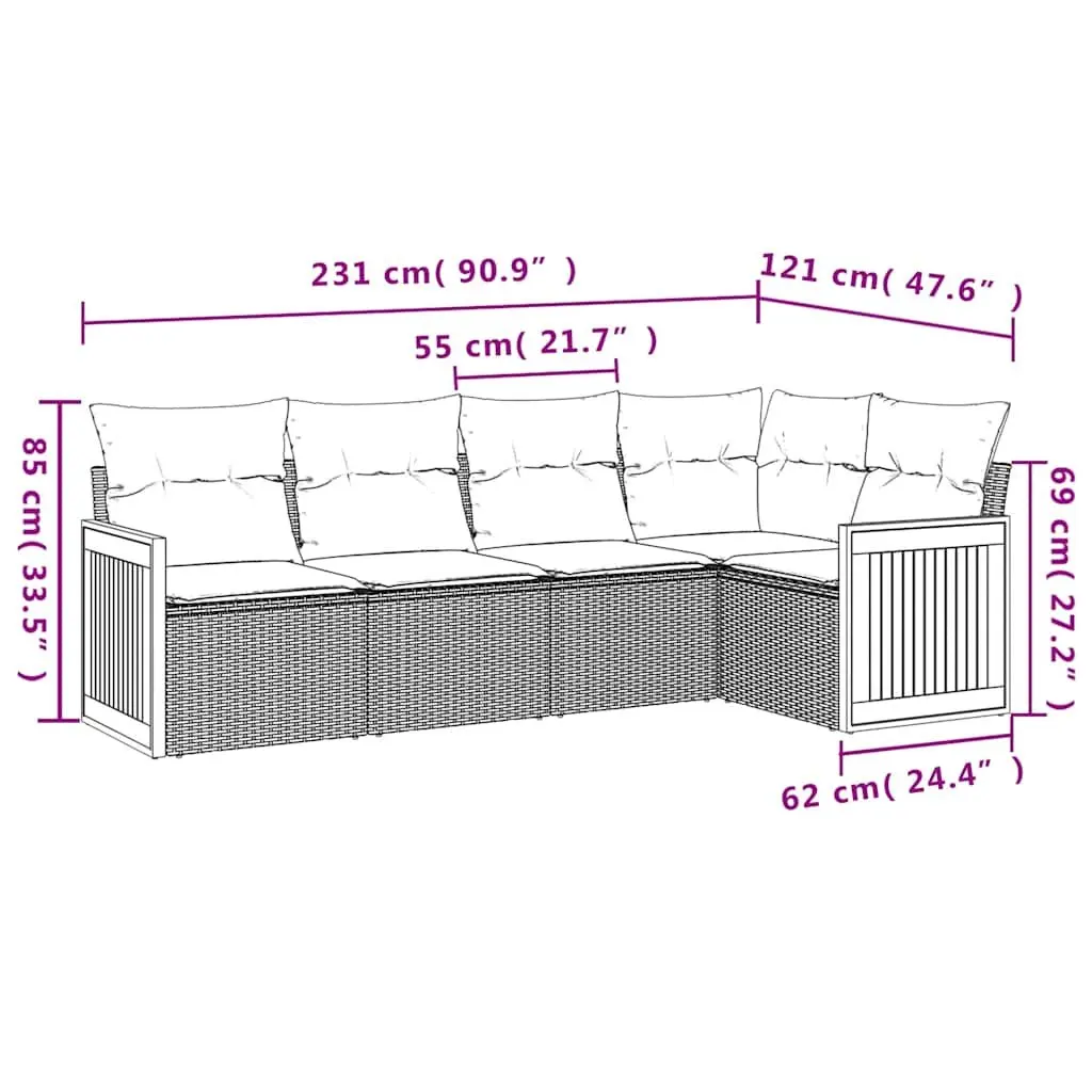 5 Piece Outdoor Furniture Modular Black Cushioned Sofa Set PE Rattan Construction