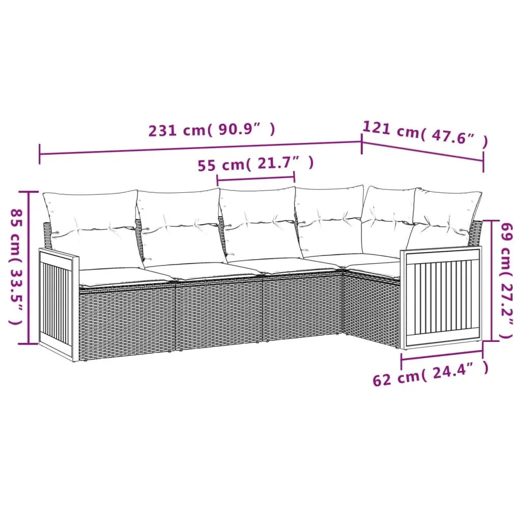 Garden Sofa Set 5 Piece PE Rattan Outdoor Furniture Grey with Padded Cushions