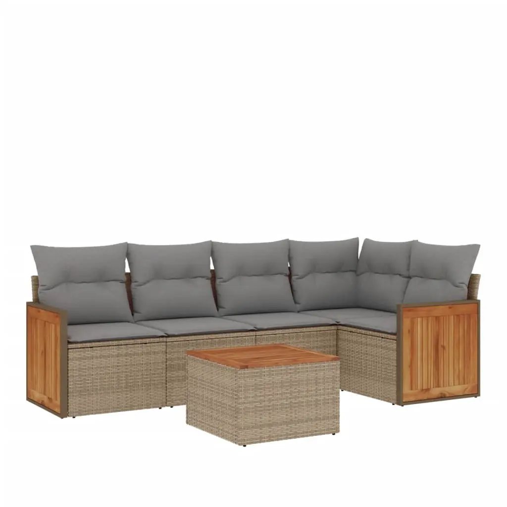 Garden Sofa Set 6 Piece Modular PE Rattan Outdoor Furniture Beige with Cushions Acacia Wood Table Top