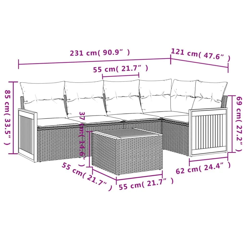 Garden Sofa Set 6 Piece Modular PE Rattan Outdoor Furniture Beige with Cushions Acacia Wood Table Top