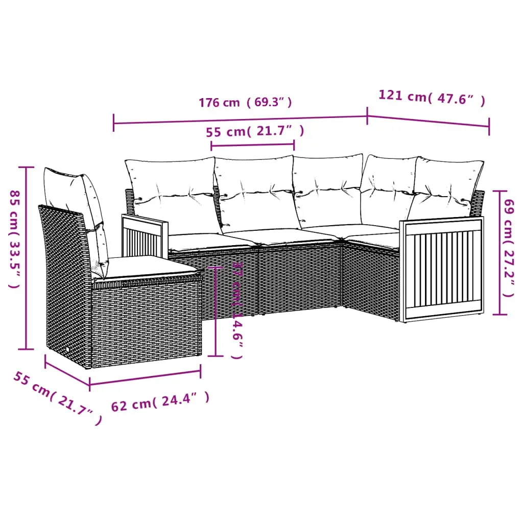 Garden Sofa Set Modular PE Rattan 5 Piece Outdoor Furniture Black