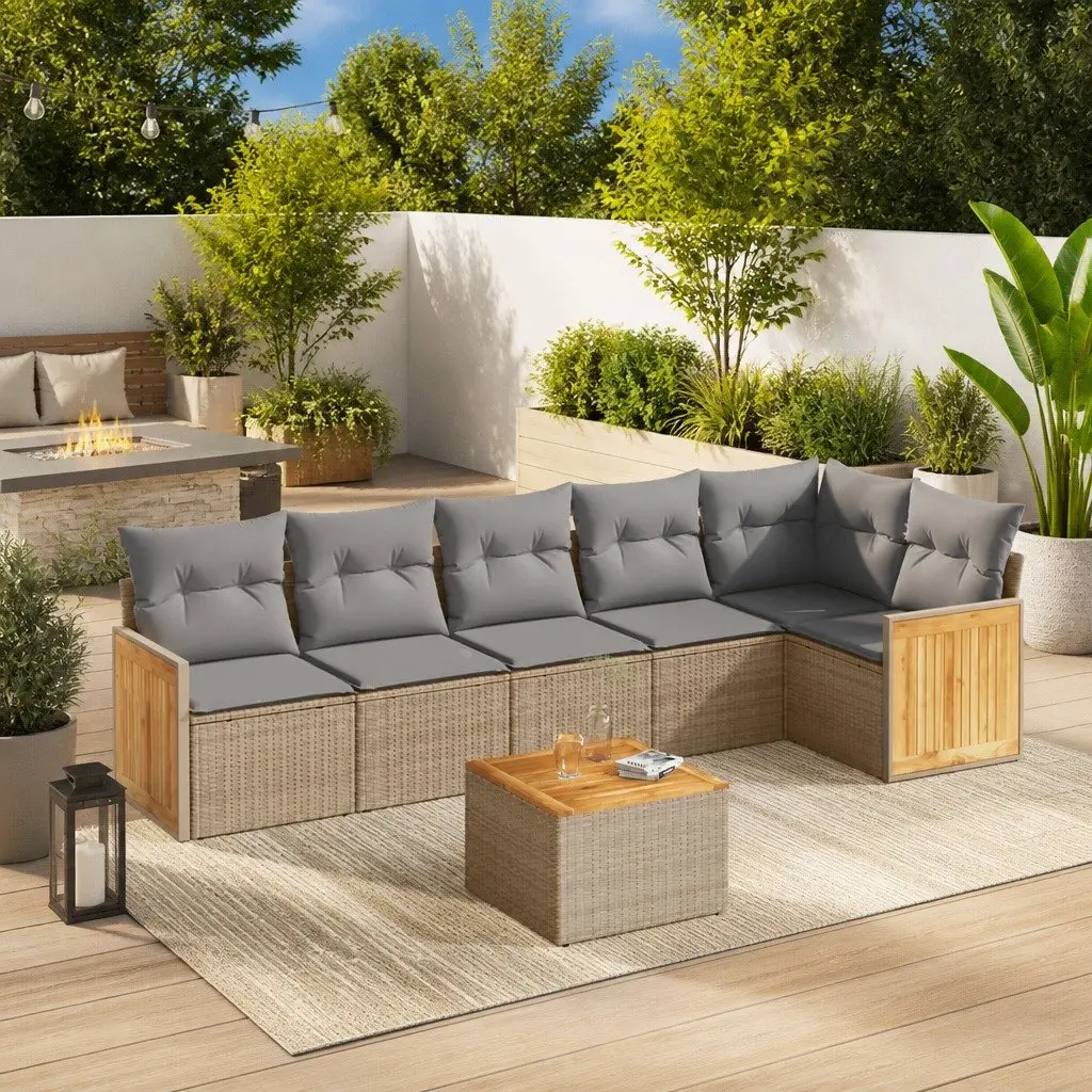 7 Piece Garden Sofa Set PE Rattan Beige with Acacia Wood Table and Cushions