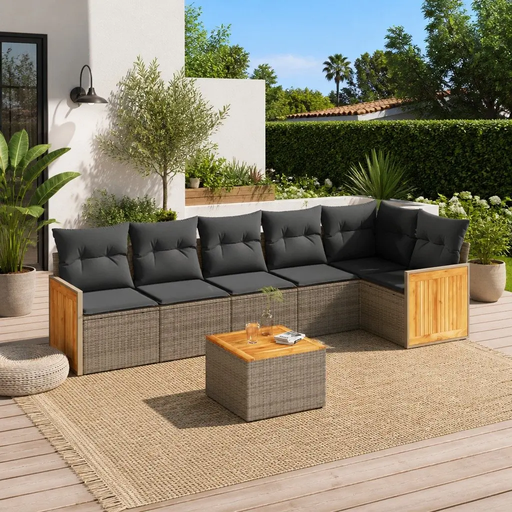 7 Piece Garden Sofa Set PE Rattan Grey Outdoor Furniture Patio Sectional with Cushions Acacia Wood Table Top
