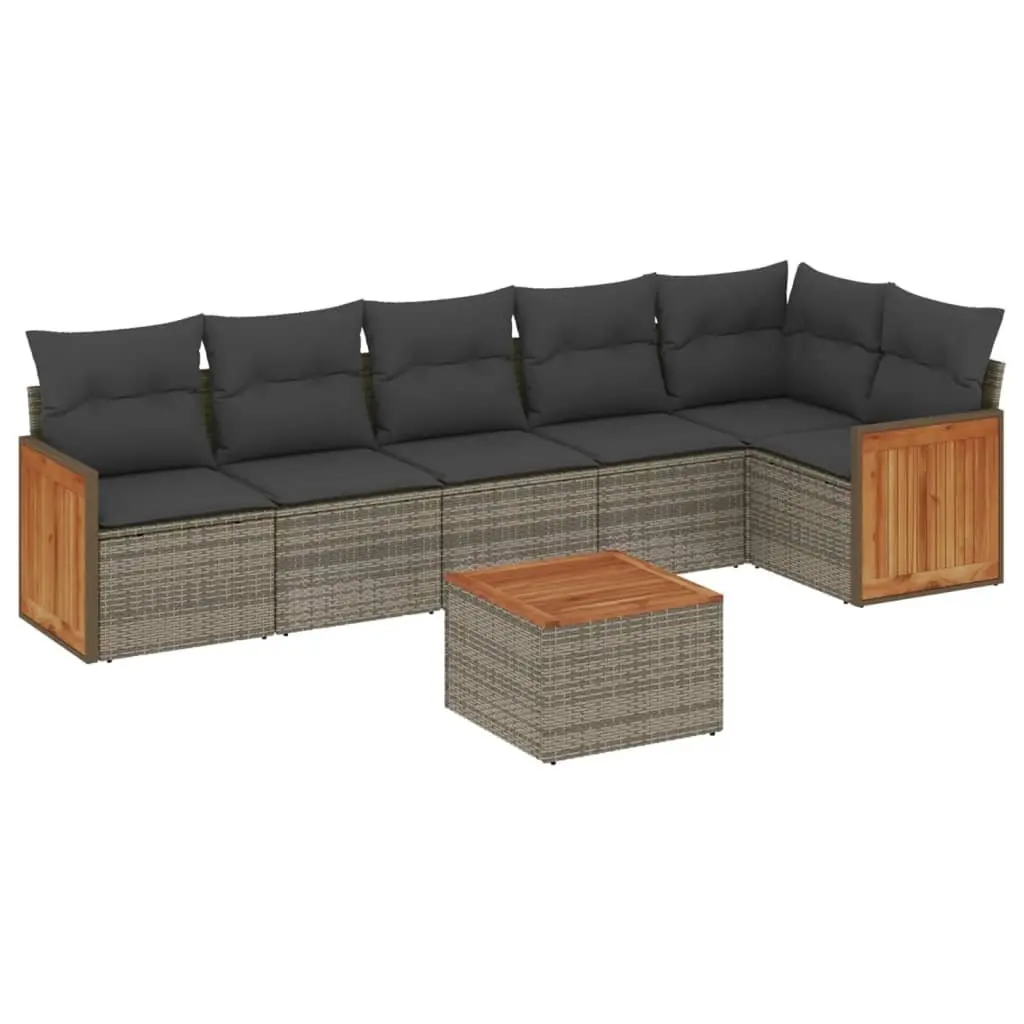 7 Piece Garden Sofa Set PE Rattan Grey Outdoor Furniture Patio Sectional with Cushions Acacia Wood Table Top