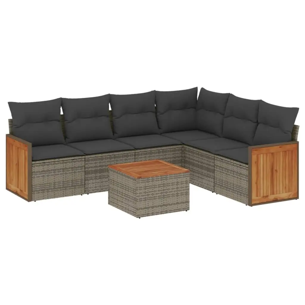 7 Piece Garden Sofa Set Modular Outdoor Furniture Grey Cushions PE Rattan Acacia Wood Table