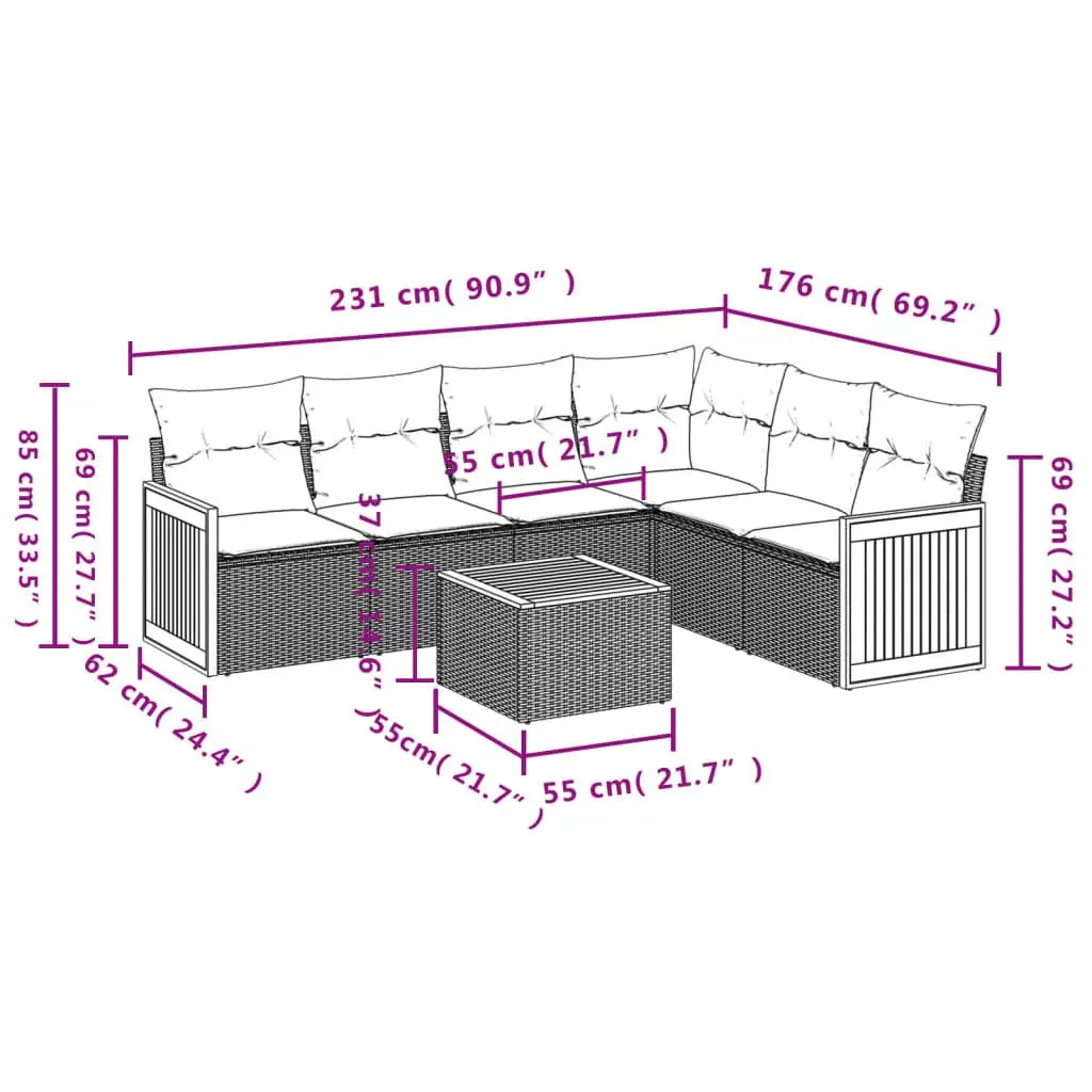 7 Piece Garden Sofa Set Modular Outdoor Furniture Grey Cushions PE Rattan Acacia Wood Table