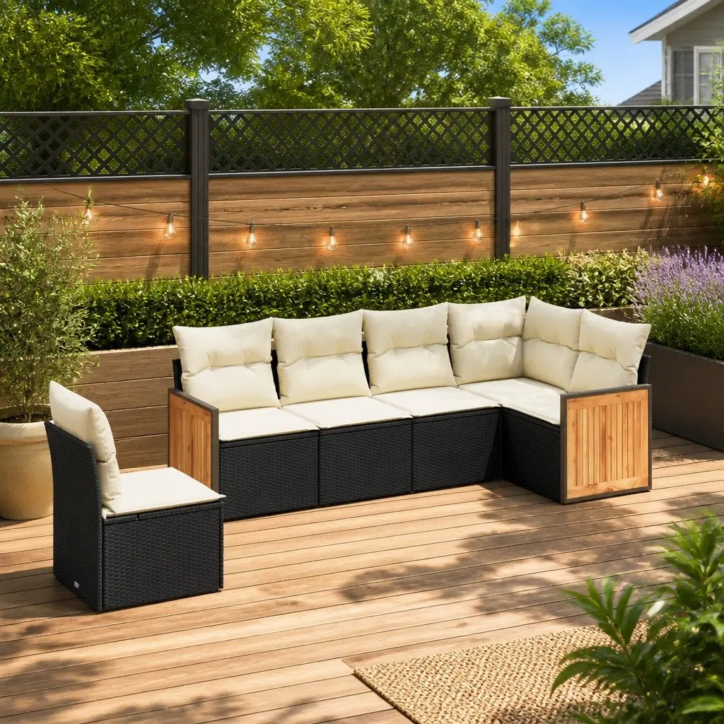 Garden Sofa Set PE Rattan Modular 6 Piece Outdoor Furniture Black Cream Cushions
