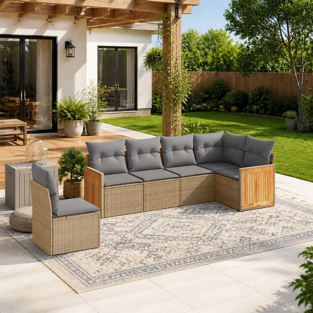Outdoor Garden Sofa Set 6 Piece Beige Poly Rattan Furniture with Cushions Patio
