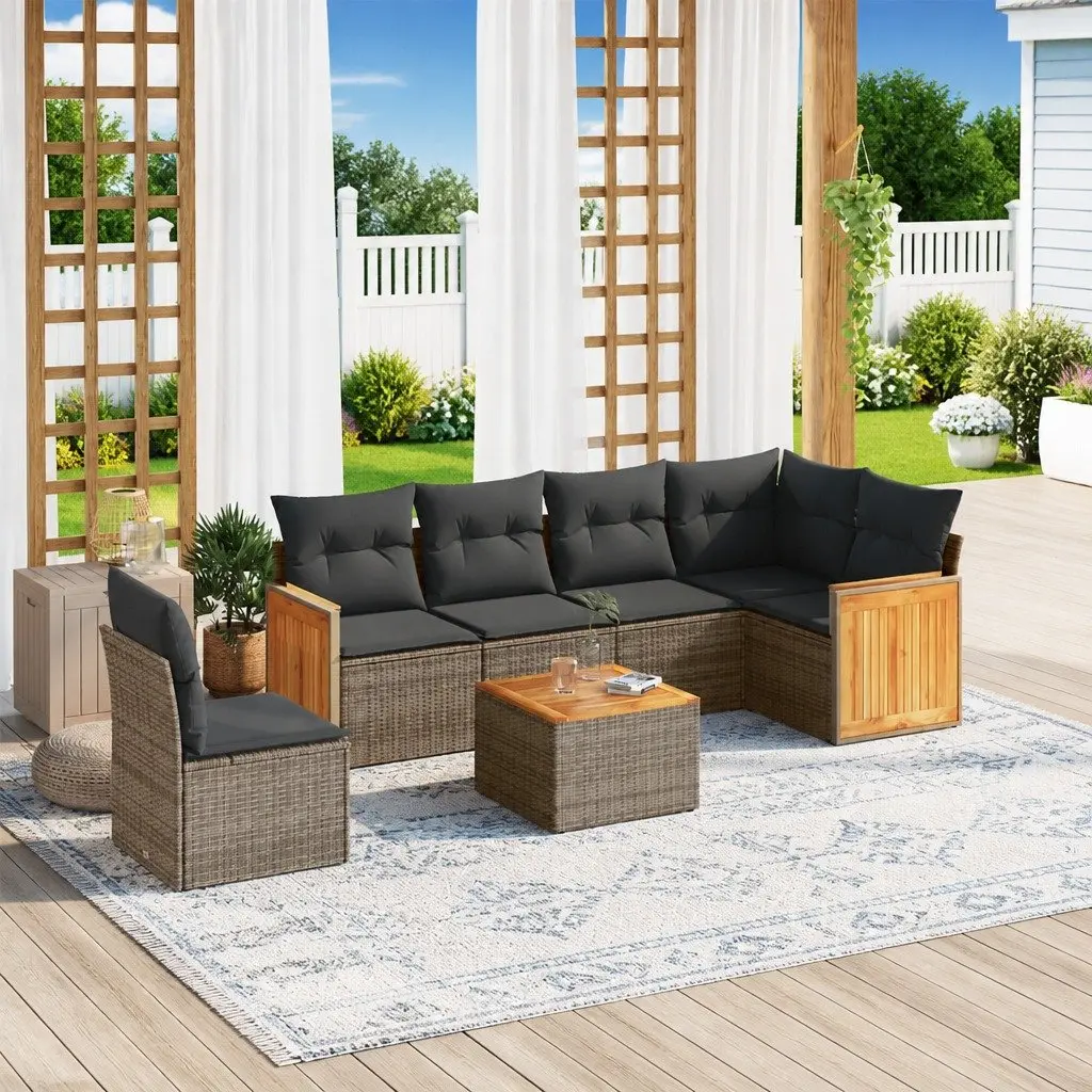 7 Piece Garden Sofa Set PE Rattan Outdoor Furniture Modular Grey with Acacia Wood Table Top and Cushions