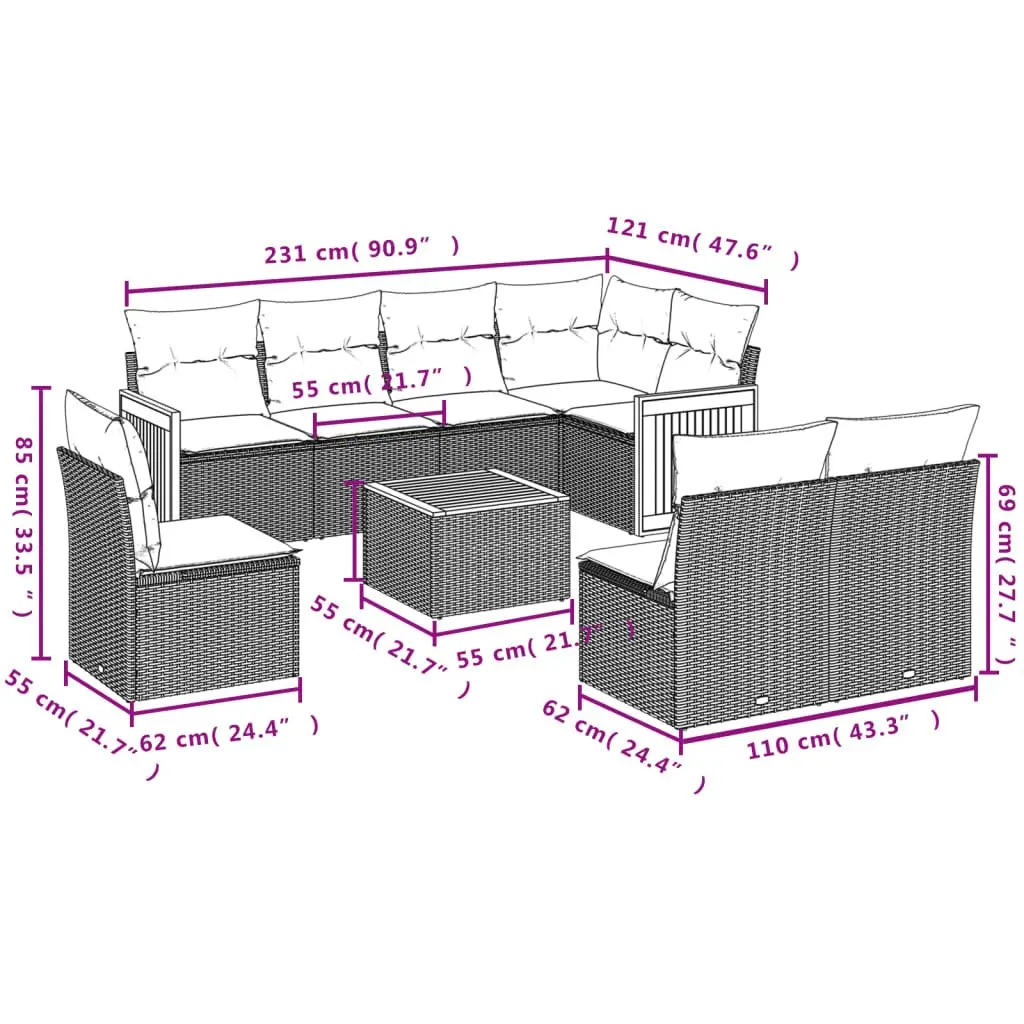 Garden Sofa Set 9 Piece Outdoor Furniture Patio Rattan Grey with Cushions