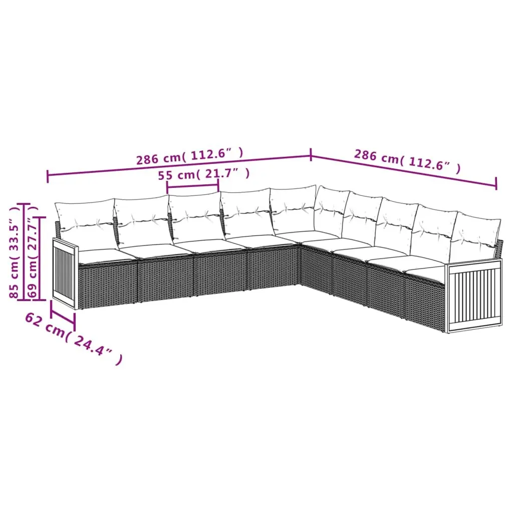 9 Piece Modular Outdoor Sofa Set PE Rattan Cushioned Beige Patio Furniture