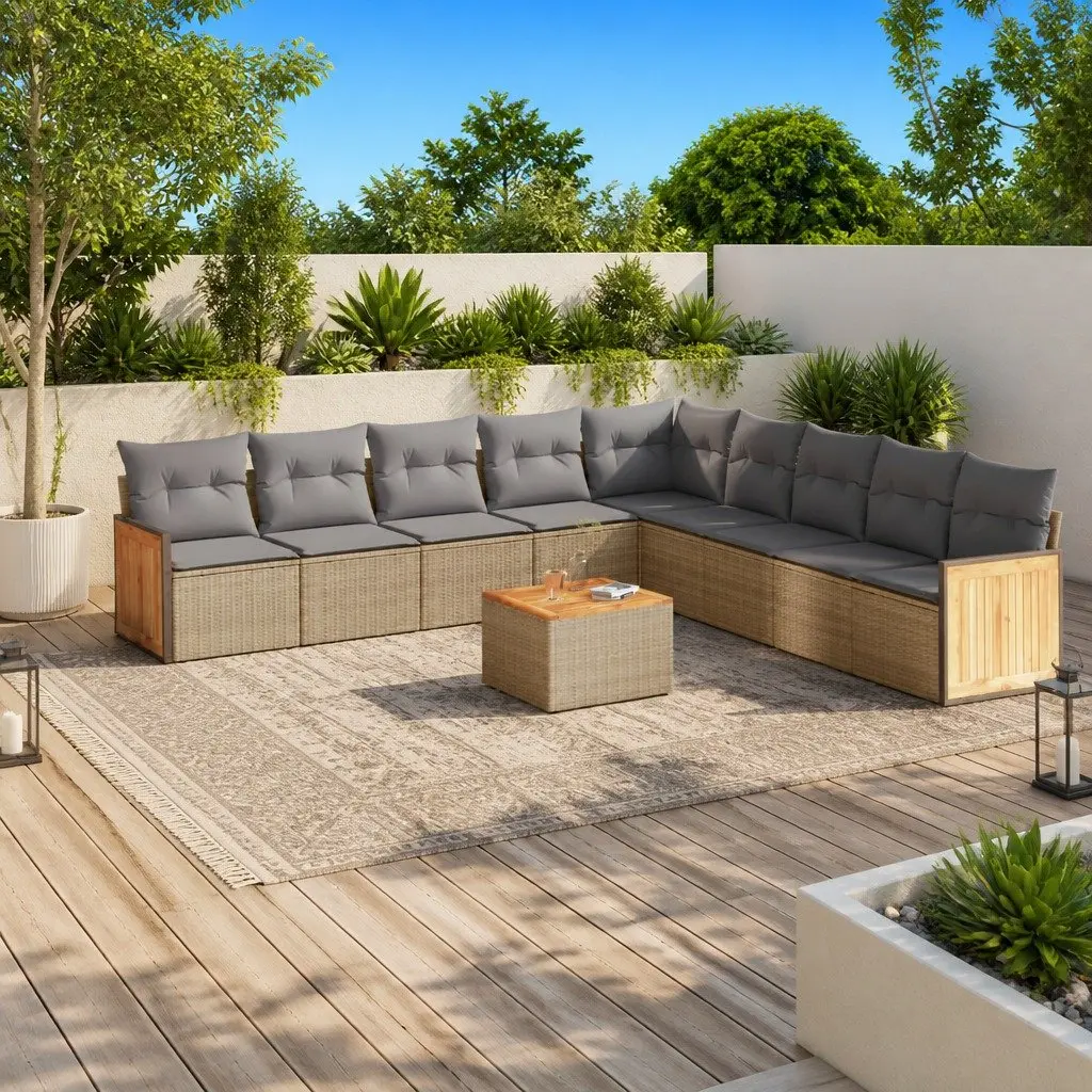 Garden Sofa Set PE Rattan Modular 10 Piece Outdoor Furniture Patio Beige Cushions Table