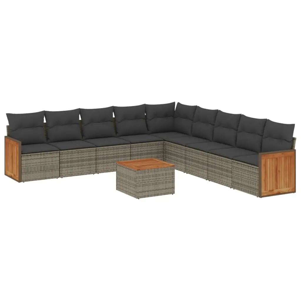 10PieceOutdoorGardenSofaSetGreyPolyRattanModularFurnitureWithCushionsAcaciaWoodTabletop