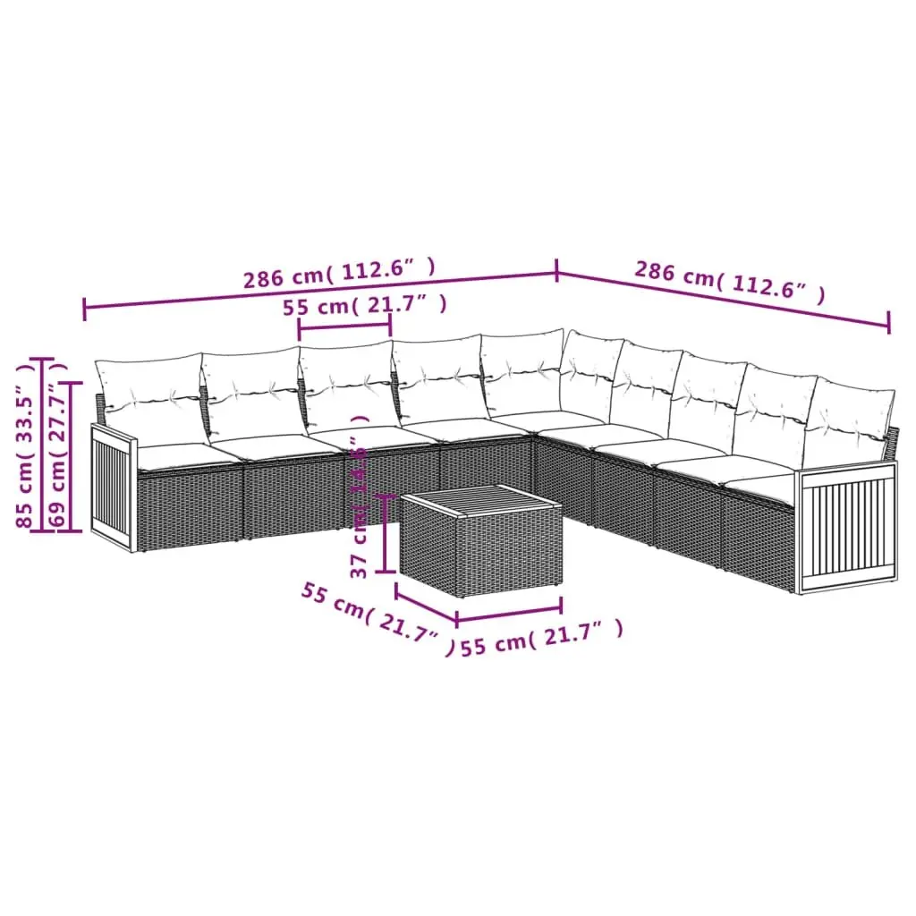 10PieceOutdoorGardenSofaSetGreyPolyRattanModularFurnitureWithCushionsAcaciaWoodTabletop
