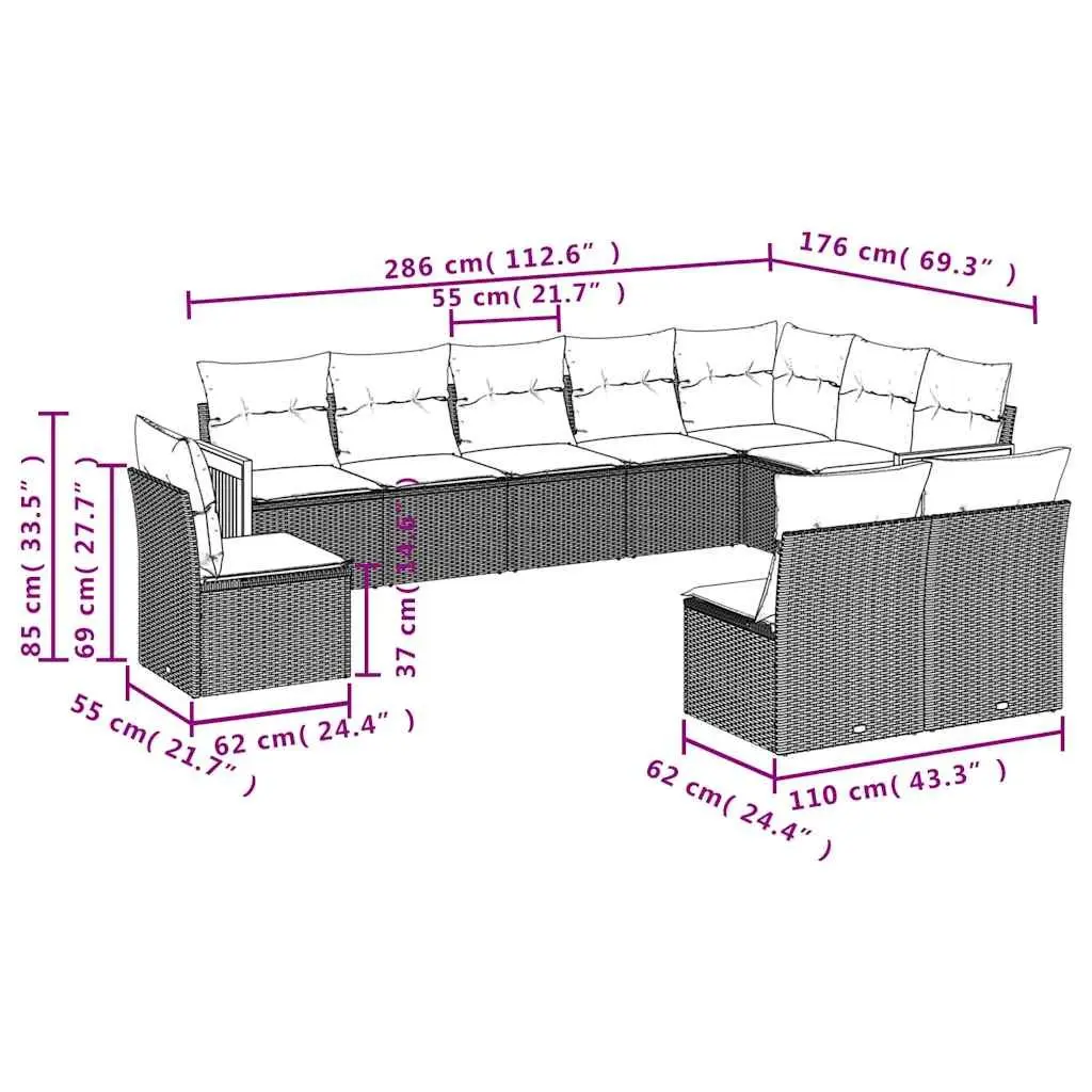 Garden Sofa Set 10 Piece Outdoor Furniture Black Poly Rattan Modular Patio