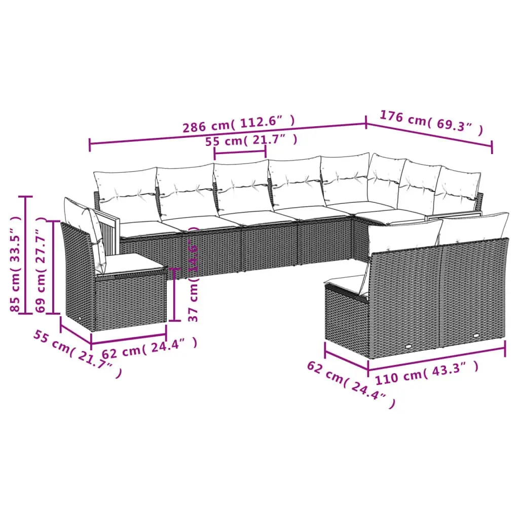 10 Piece Garden Sofa Set PE Rattan Grey Outdoor Furniture Patio Lounge