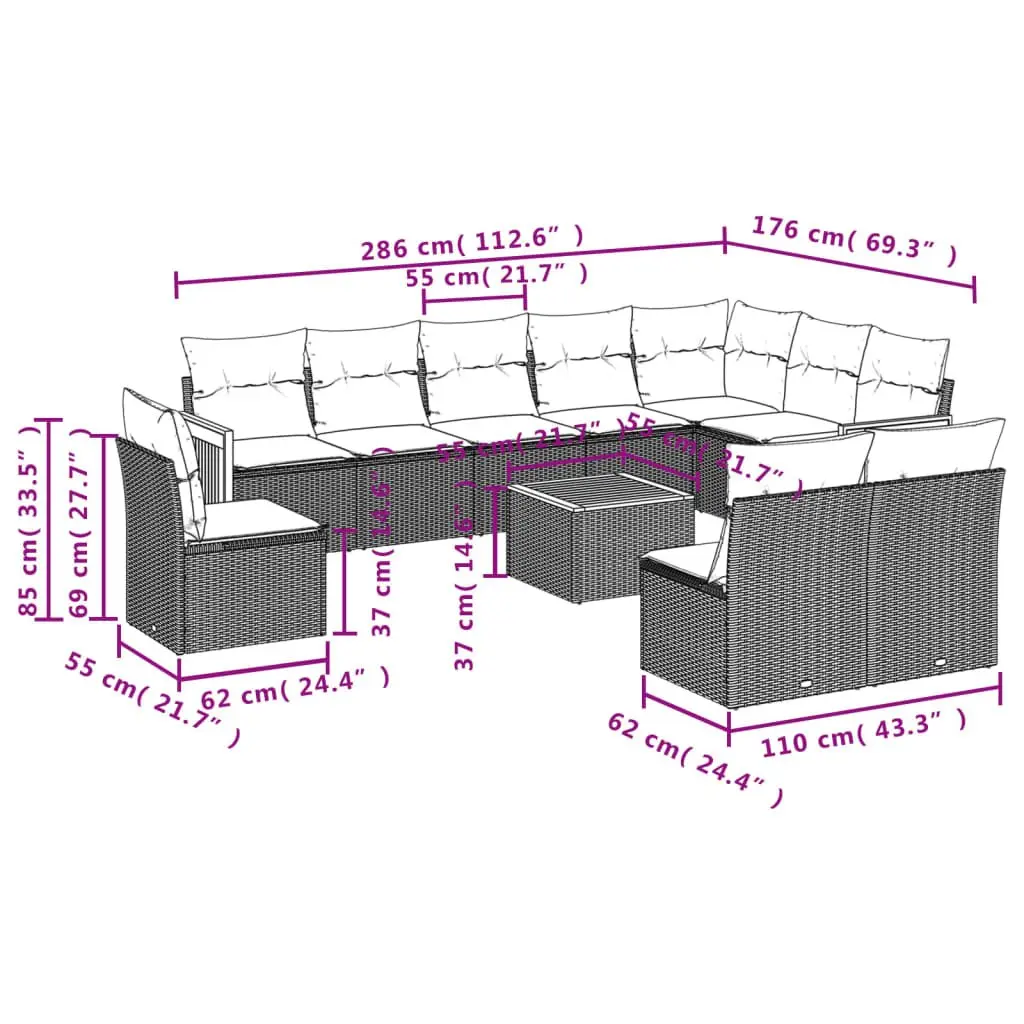 Garden Sofa Set 11 Piece Outdoor Furniture Grey Poly Rattan Modular Patio Lounge