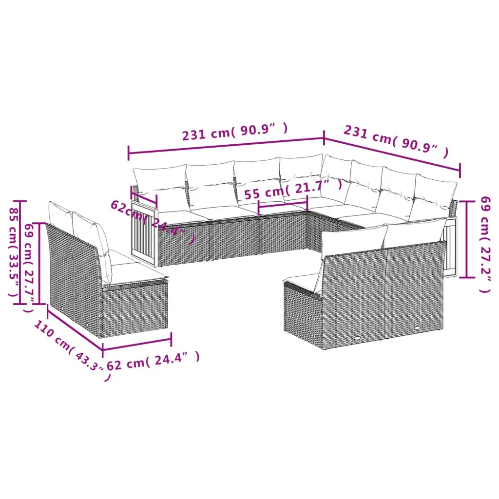 Garden Sofa Set PE Rattan 11 Piece Outdoor Furniture Modular Black