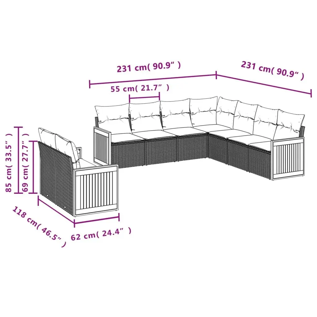 Garden Sofa Set 9 Piece Outdoor Furniture Patio Beige Cushions Modular Rattan
