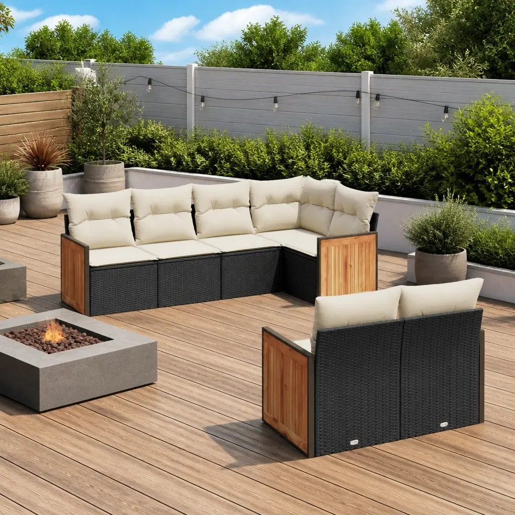 7 Piece Modular Black PE Rattan Garden Sofa Set Outdoor Furniture with Cushions