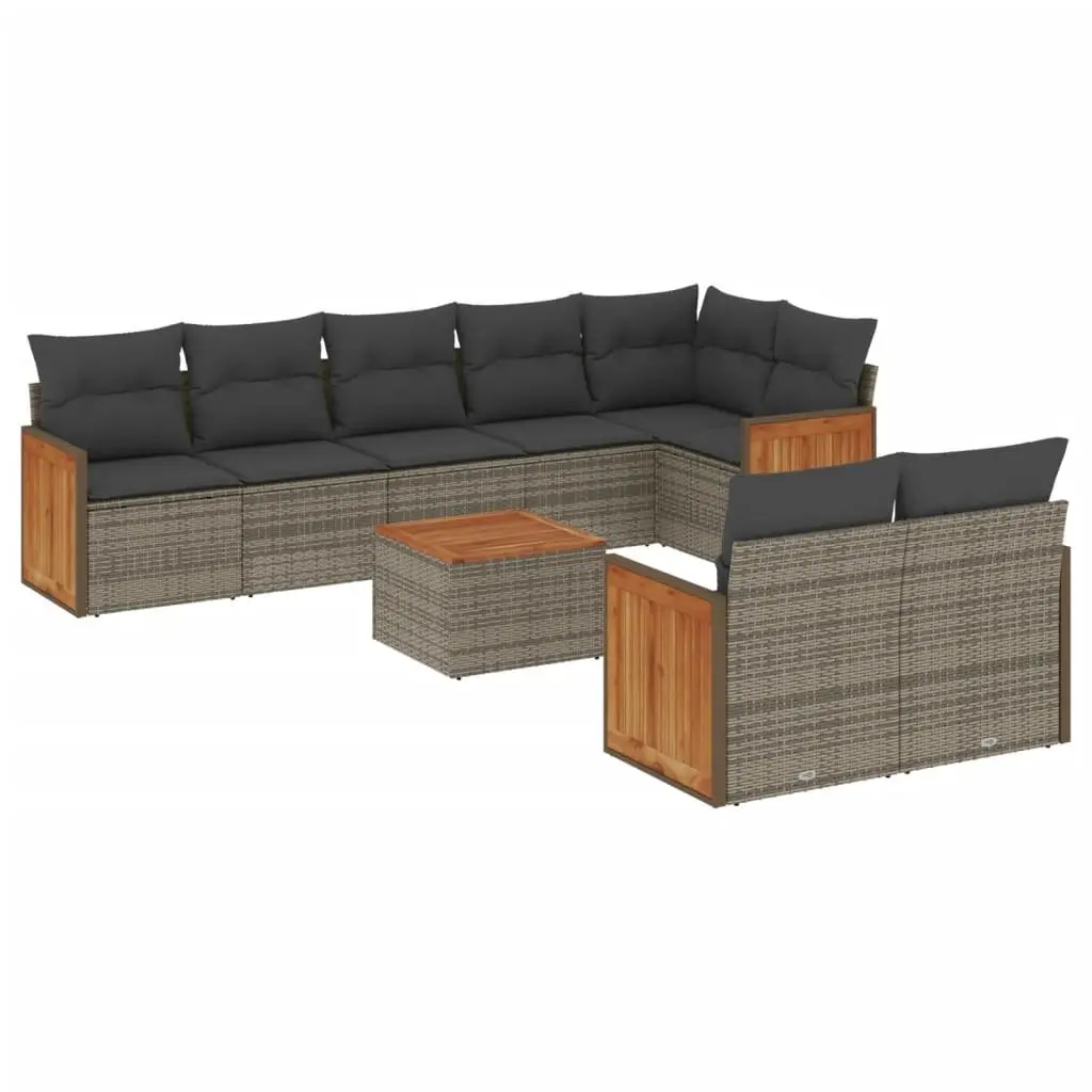 Garden Sofa Set Modular PE Rattan 9 Piece Outdoor Furniture Grey Cushions Acacia Wood Table