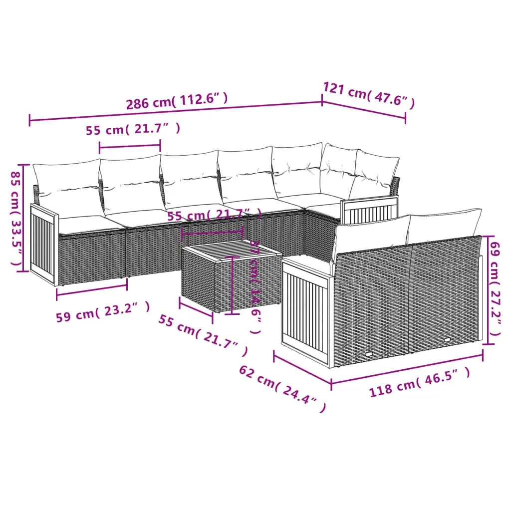Garden Sofa Set Modular PE Rattan 9 Piece Outdoor Furniture Grey Cushions Acacia Wood Table