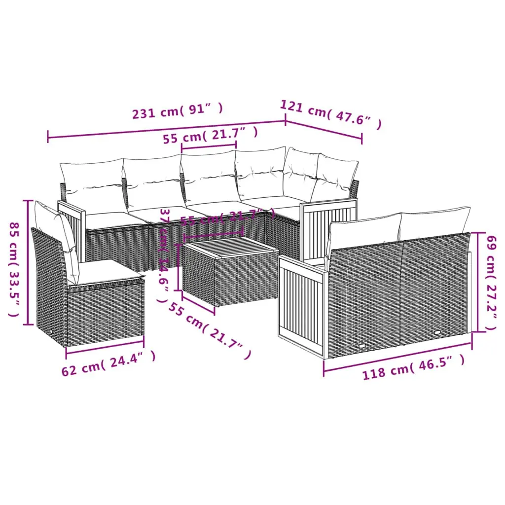 Garden Sofa Set PE Rattan 9 Piece Outdoor Furniture Patio Lounge with Cushions Grey