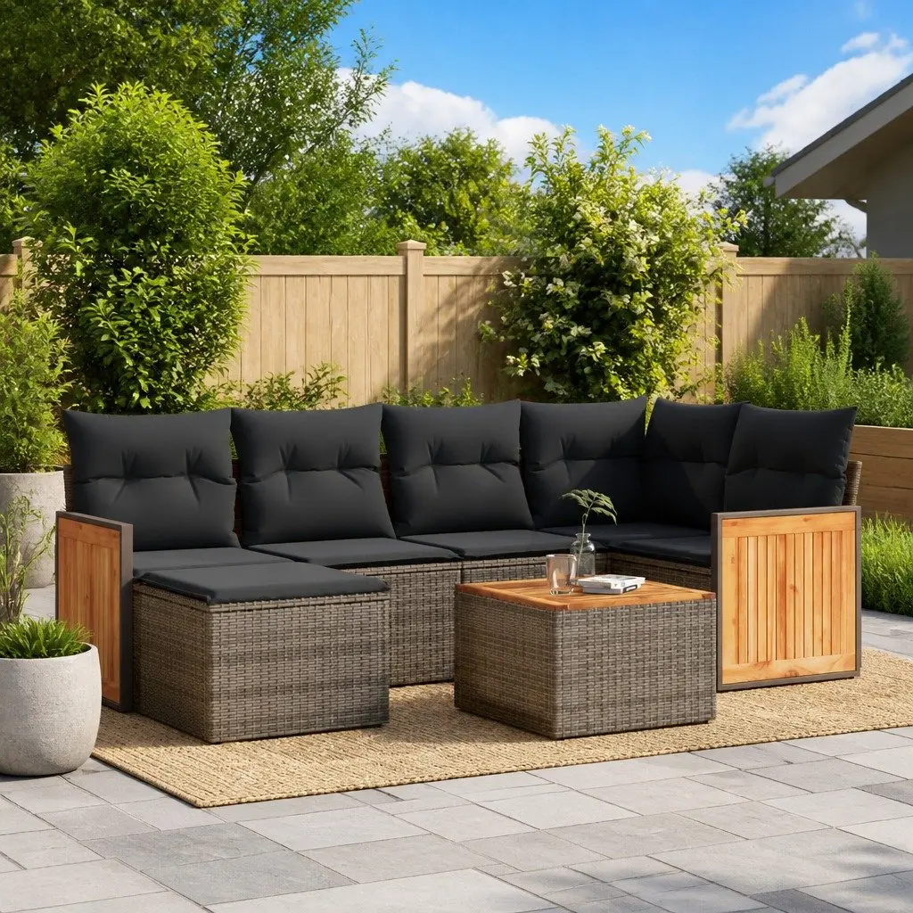 7 Piece Outdoor Garden Sofa Set PE Rattan Grey with Acacia Wood Tabletop and Cushions