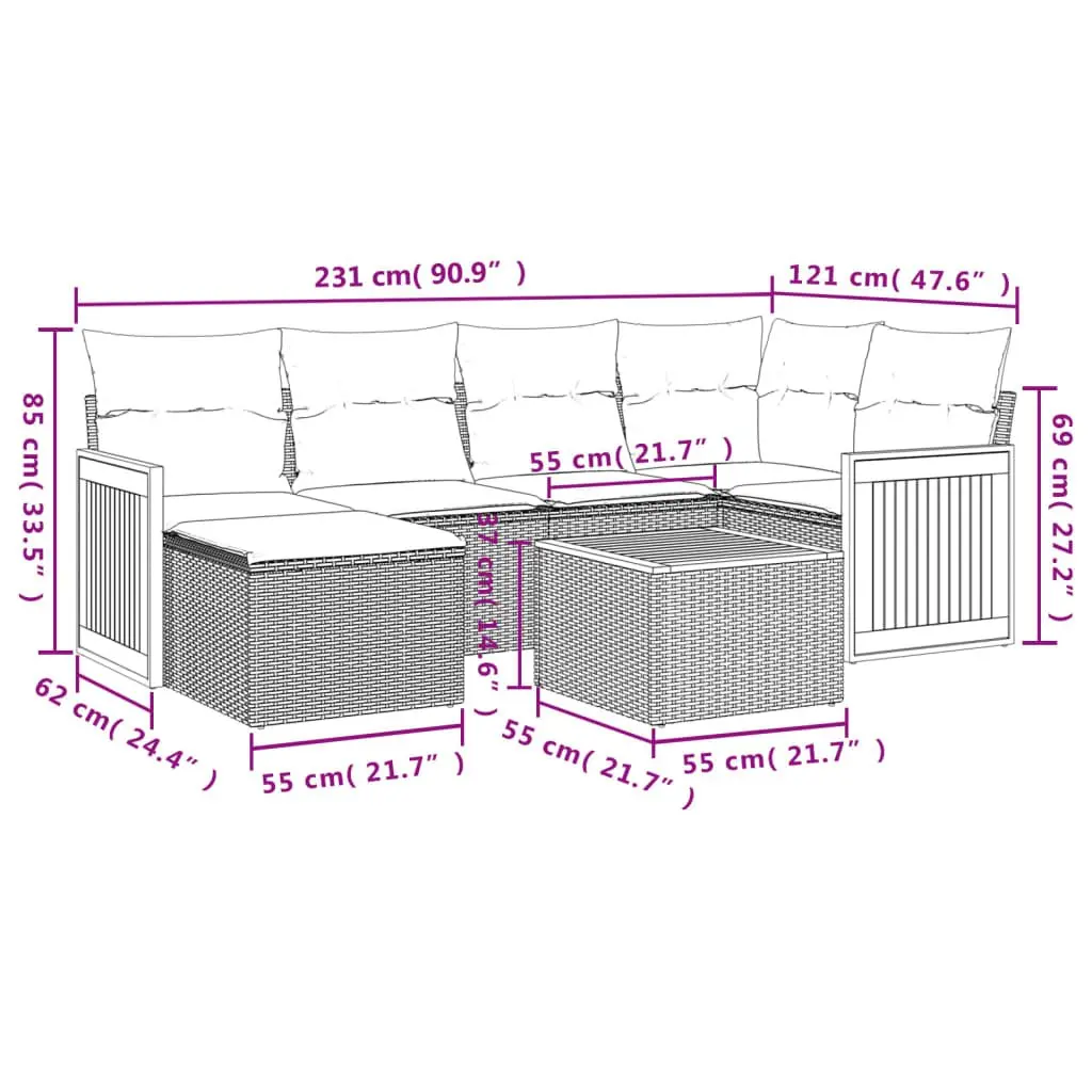 7 Piece Outdoor Garden Sofa Set PE Rattan Grey with Acacia Wood Tabletop and Cushions