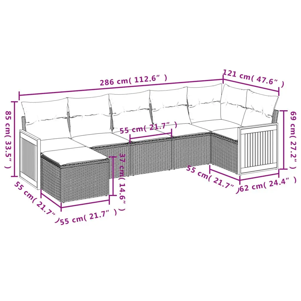 7 Piece Modular Outdoor Furniture Set Black Rattan Garden Sofa with Cushions