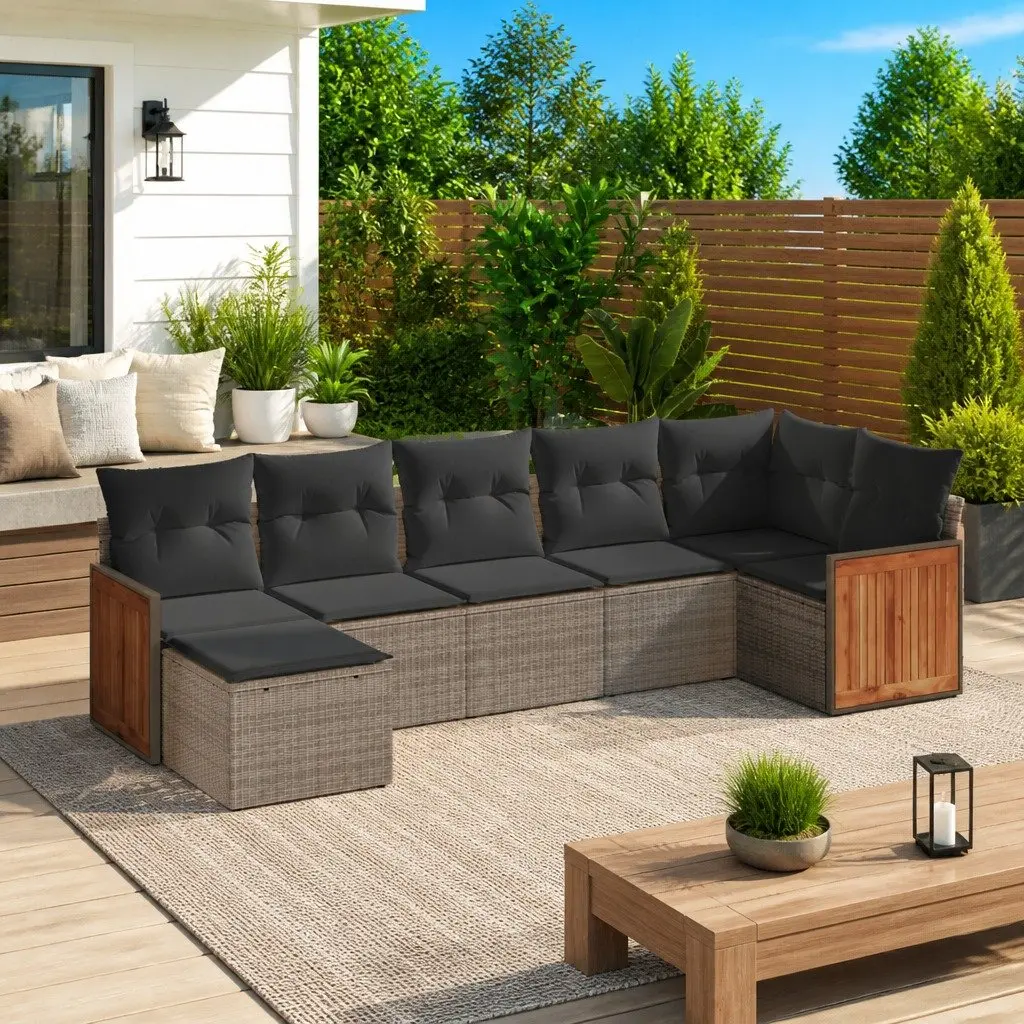 Garden Sofa Set PE Rattan 7 Piece Outdoor Furniture Grey with Cushions