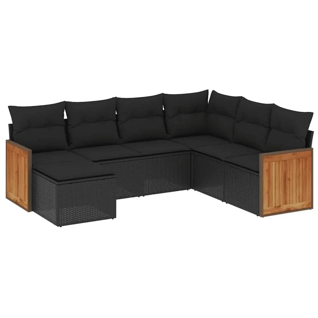 7 Piece Outdoor Garden Sofa Set Black Poly Rattan Patio Furniture with Cushions