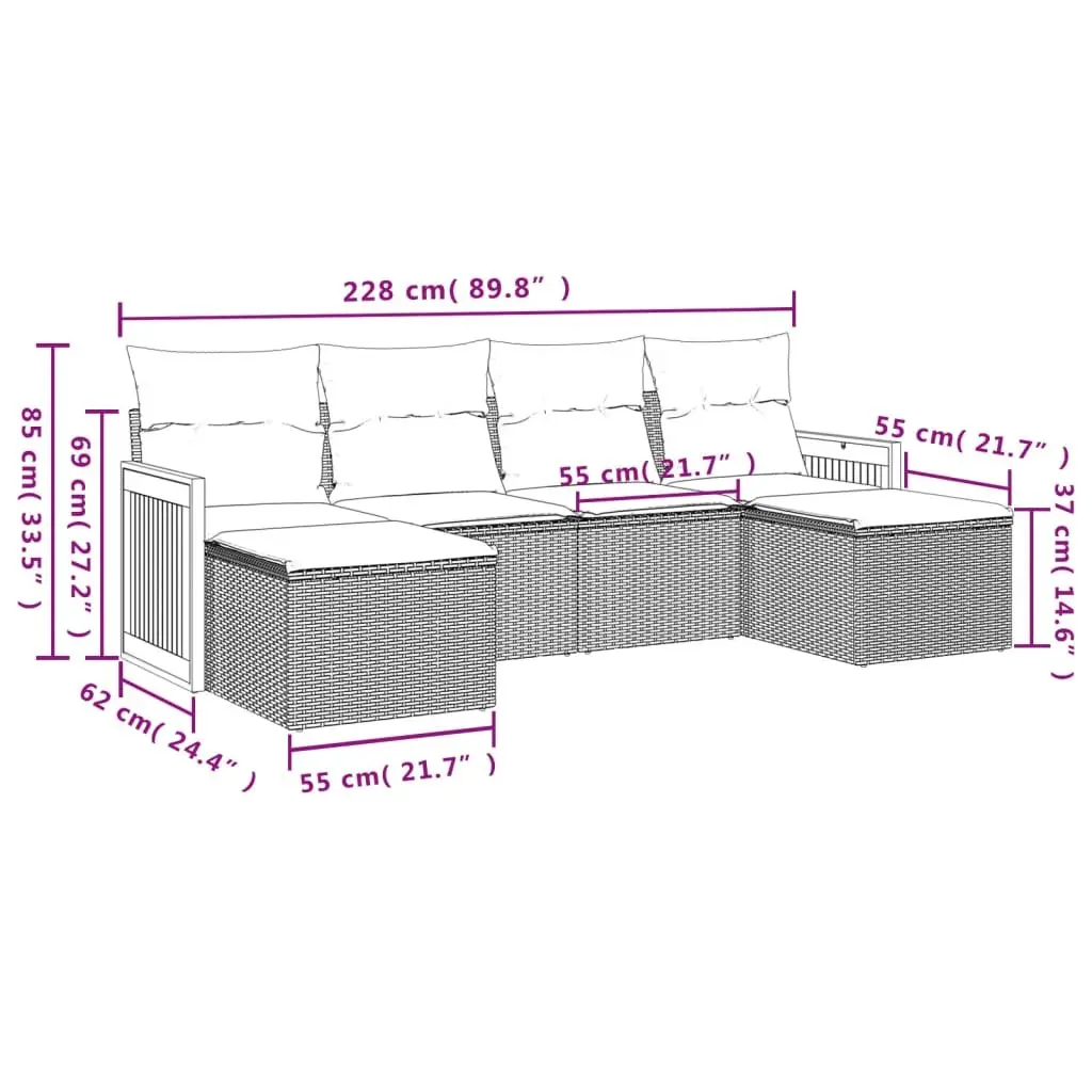 Garden Sofa Set PE Rattan 6 Piece Grey Outdoor Furniture with Cushions