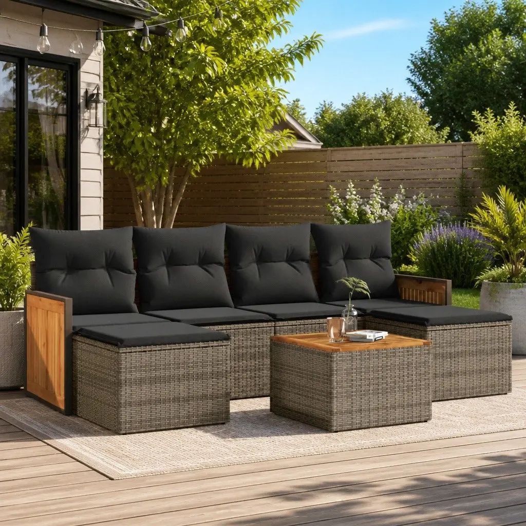 7 Piece Garden Sofa Set PE Rattan Acacia Wood Grey Outdoor Furniture with Cushions