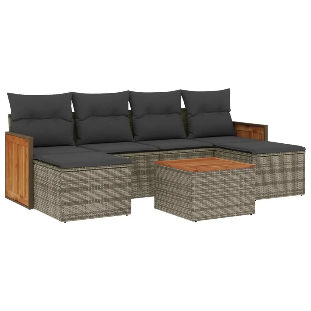 7 Piece Garden Sofa Set PE Rattan Acacia Wood Grey Outdoor Furniture with Cushions