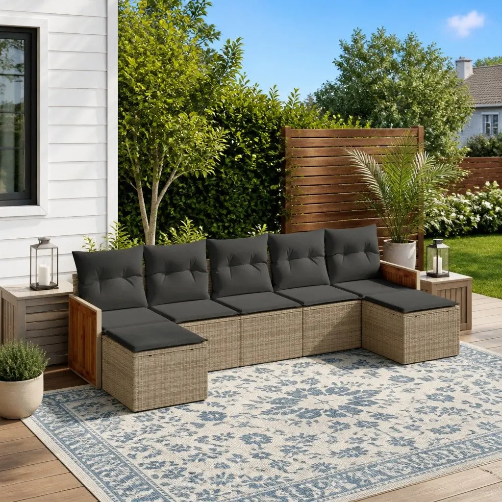 Garden Sofa Set PE Rattan 7 Piece Outdoor Furniture Grey with Cushions