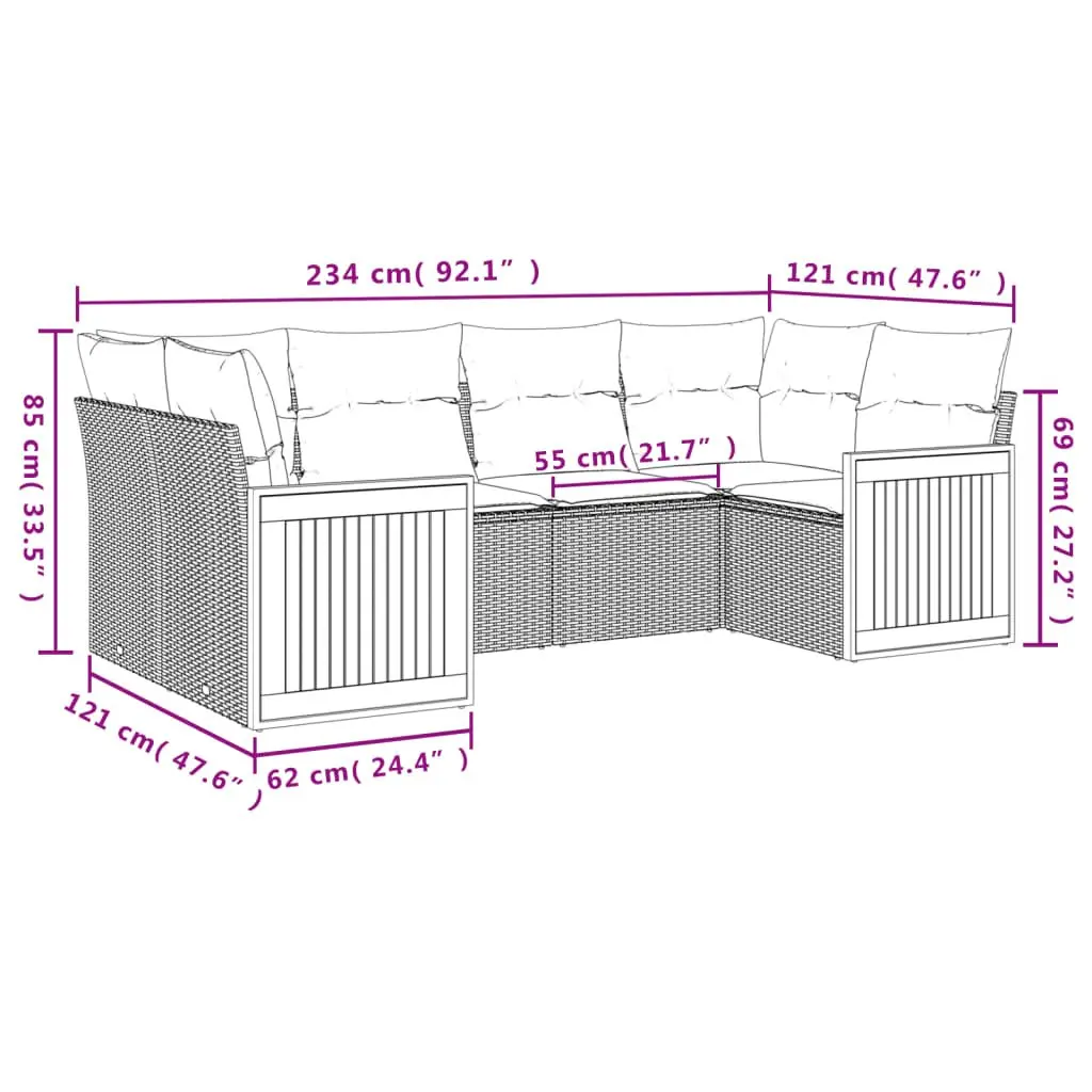 Modular Black Poly Rattan Garden Outdoor Sofa Set 6 Piece with Cushions for Patio