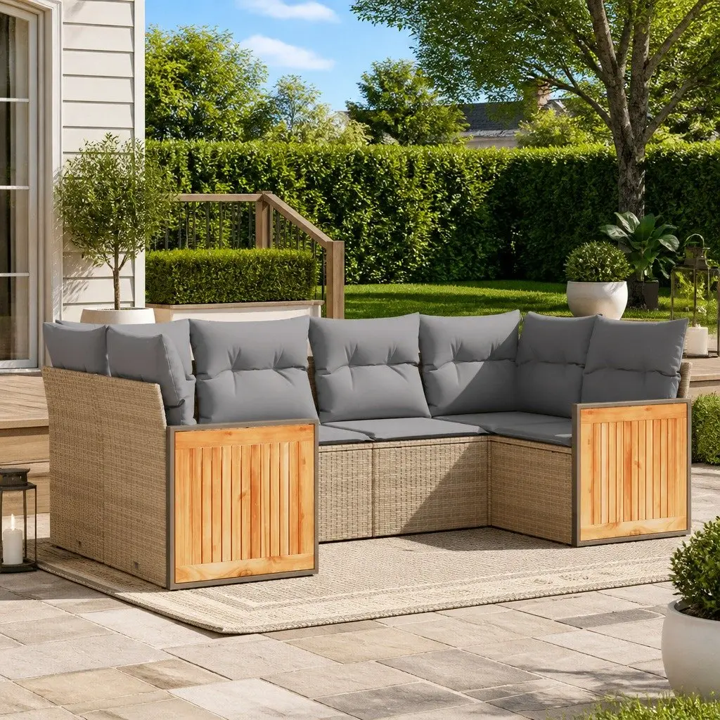 Garden Sofa Set PE Rattan Modular 6 Piece Outdoor Furniture Beige Cushions