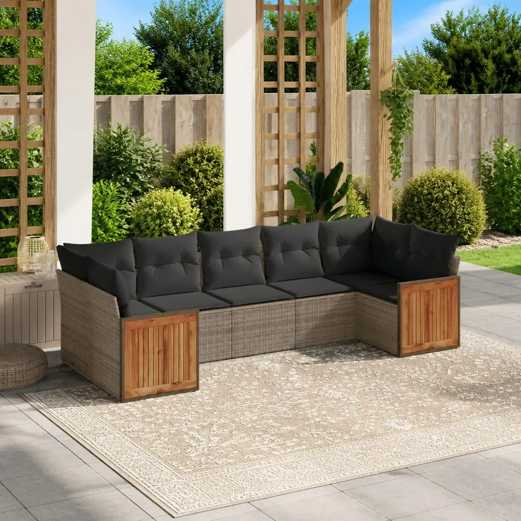 7 Piece Outdoor Garden Sofa Set Poly Rattan Grey with Cushions and Acacia Wood Table Top